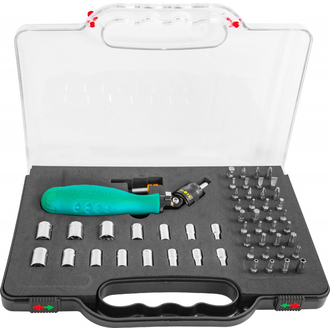 DR0253S Рукоятка отверточная трещоточная с гибкой головкой в наборе с битами и головками, 53 предмета