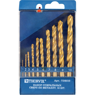 TDBS10 Набор спиральных сверл по металлу HSS TiN в пластиковом кейсе, d1.0-10.0 мм, 10 предметов