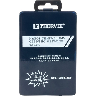 TDBS13K5 Набор спиральных сверл по металлу HSS Co в металлическом кейсе, d1.5-6.5 мм, 13 предметов