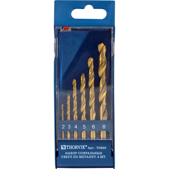 TDBS6 Набор спиральных сверл по металлу HSS TiN в пластиковом кейсе, d2.0-8.0 мм, 6 предметов
