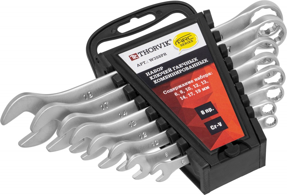 W3S8PR Набор ключей гаечных комбинированных серии ARC на держателе, 6-19 мм, 8 предметов